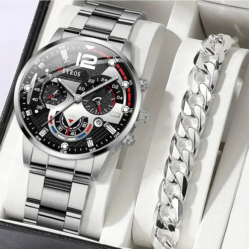 2pcs Luxury Silver Quartz Watch With Bracelet