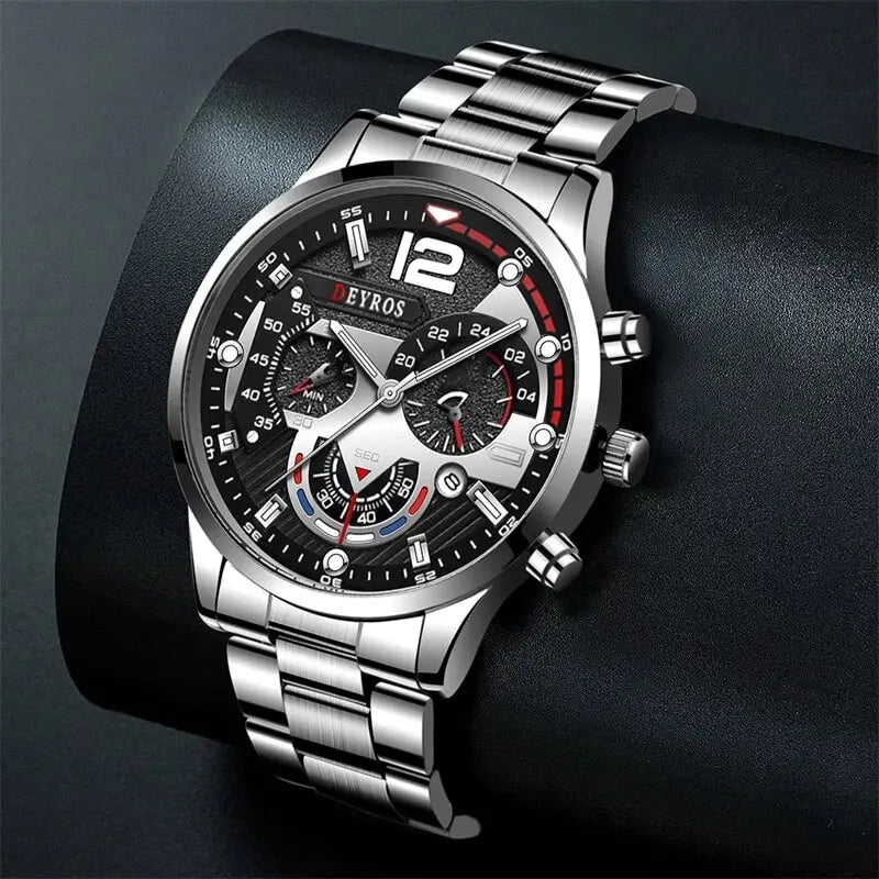 2pcs Luxury Silver Quartz Watch With Bracelet