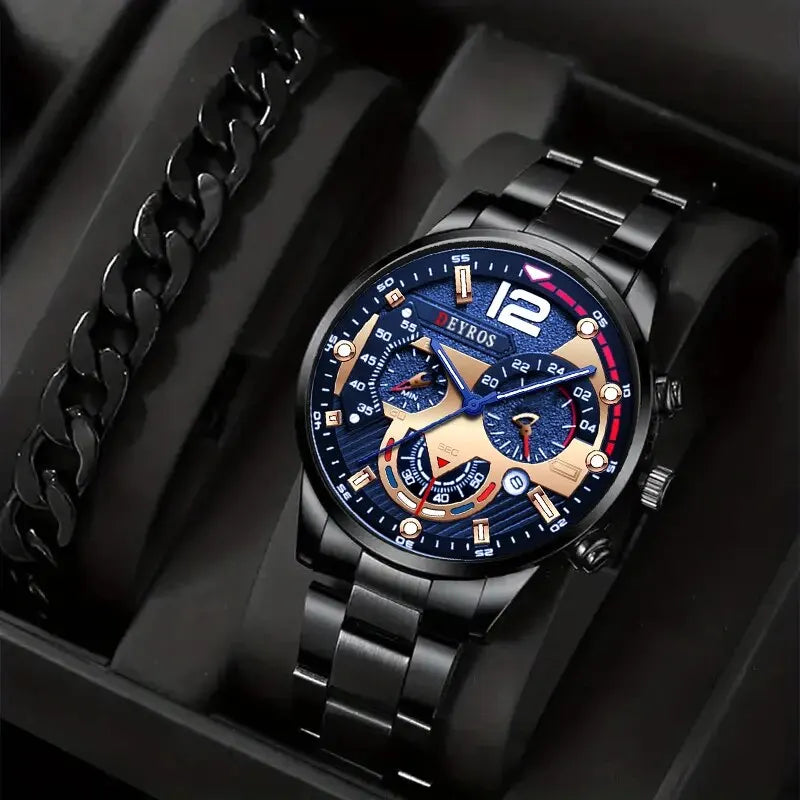 2pcs Luxury Silver Quartz Watch With Bracelet