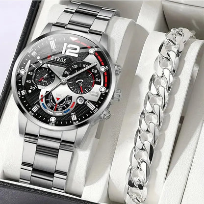 2pcs Luxury Silver Quartz Watch With Bracelet