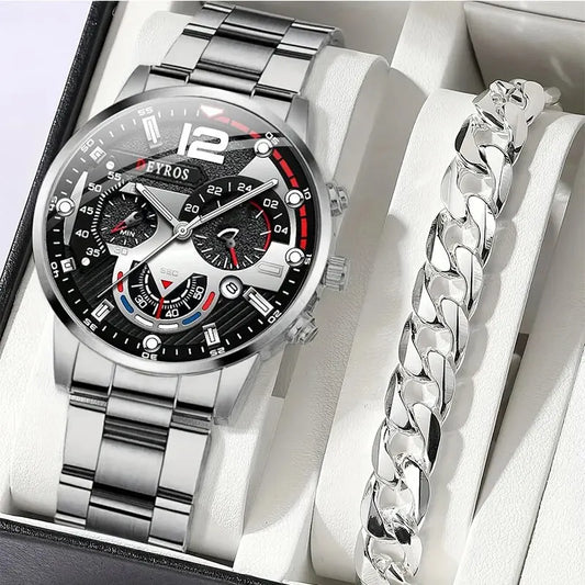 2pcs Luxury Silver Quartz Watch With Bracelet