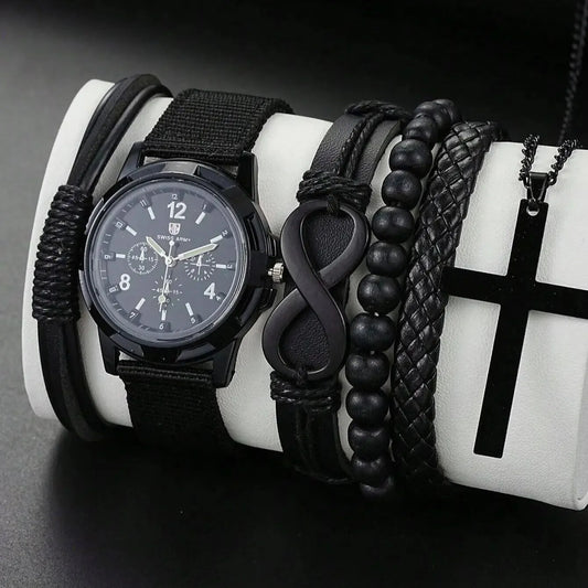 6pcs_Set Fashionable Pu Leather '8' Shape Beaded Bracelet With Mechanical Watch, Cross Pendant Necklace